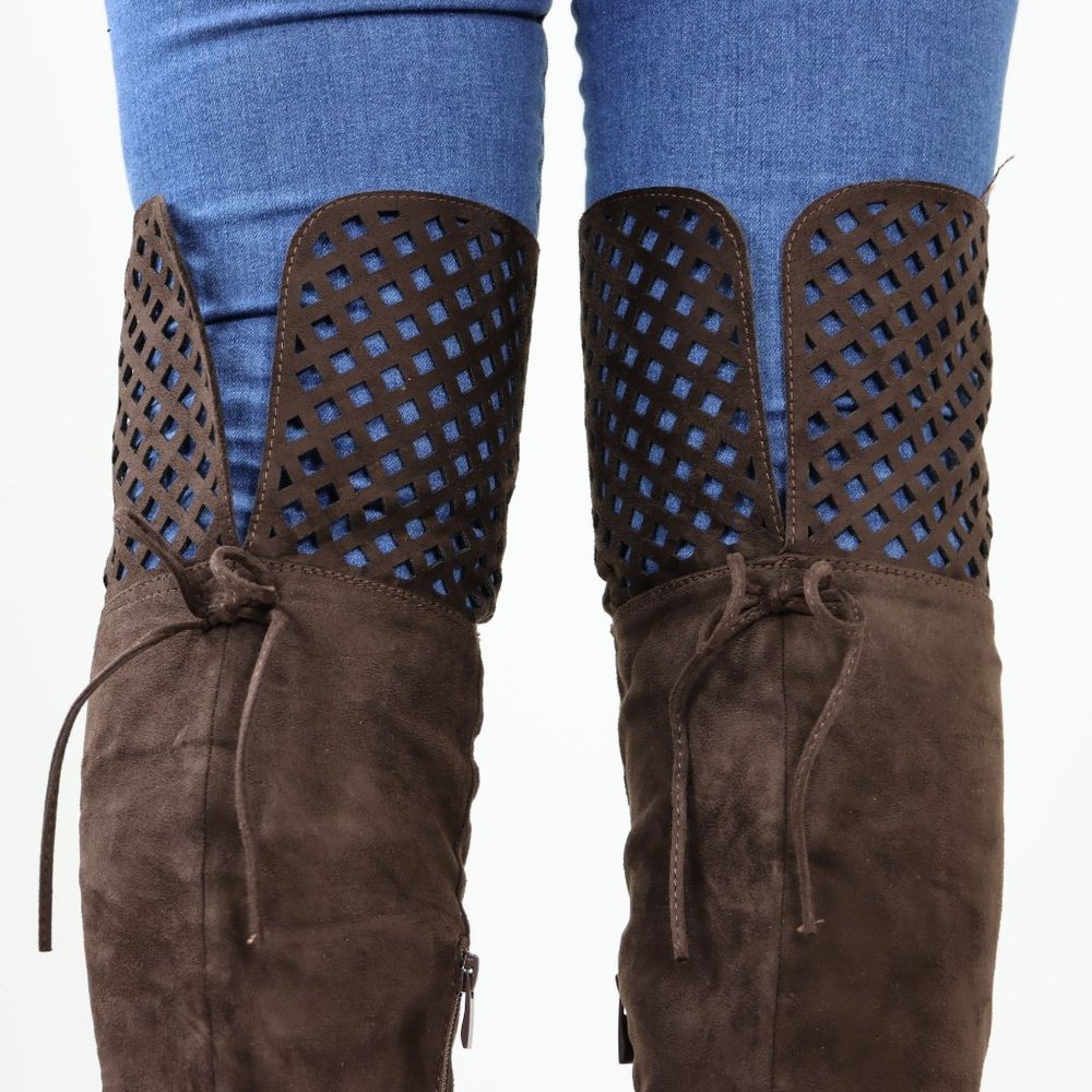 Brown Thigh High Over The Knee Flat Boots Faux Suede - Picture 13 of 14